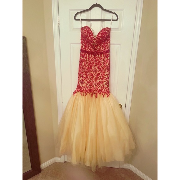 Tony Bowls Nude Prom Mermaid Gown With Red Beading (size 4) - Picture 8 of 12